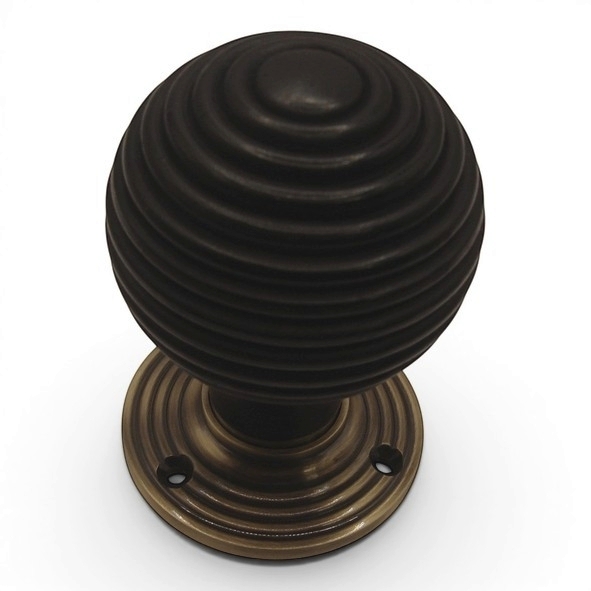 PDF1016R2/AB  Ebonised / Antique Brass  Period Timber Round Beehive Mortice / Rim Knob Set With Ringed Roses